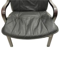 Mid-20th century Danish stained bentwood framed easy armchair, slatted back over shaped arms, mesh seat and rear-splayed supports, with black leather-upholstered loose back and seat cushions 