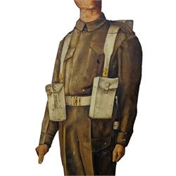 Military Outfitters hand painted life size wooden cut out figure of a WW1 soldier standing at ease holding a gun by his side, marked Stening Signs; hardboard on planked frame H199cm
