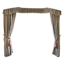 Pair heavy quality lined curtains in silver green embossed cut velvet, each curtain 324cm x 246cm drop, with matching pleated pelmet L320cm and pair of rope twist tasselled tie backs