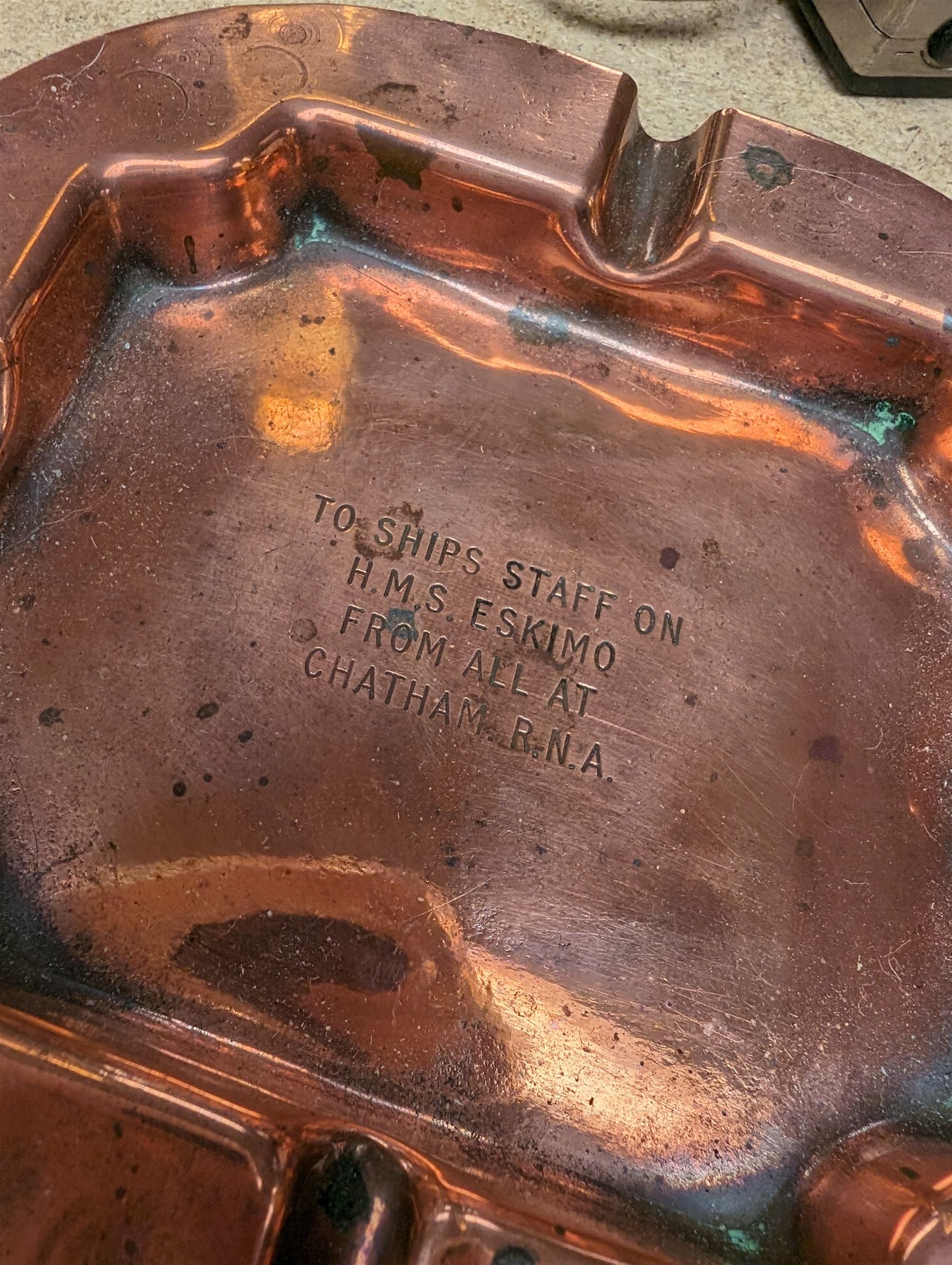 Trench art vase, copper ashtray with HMS Eskimo engraving, Dollond compass, brass three drawer telescope, pistol lighter etc