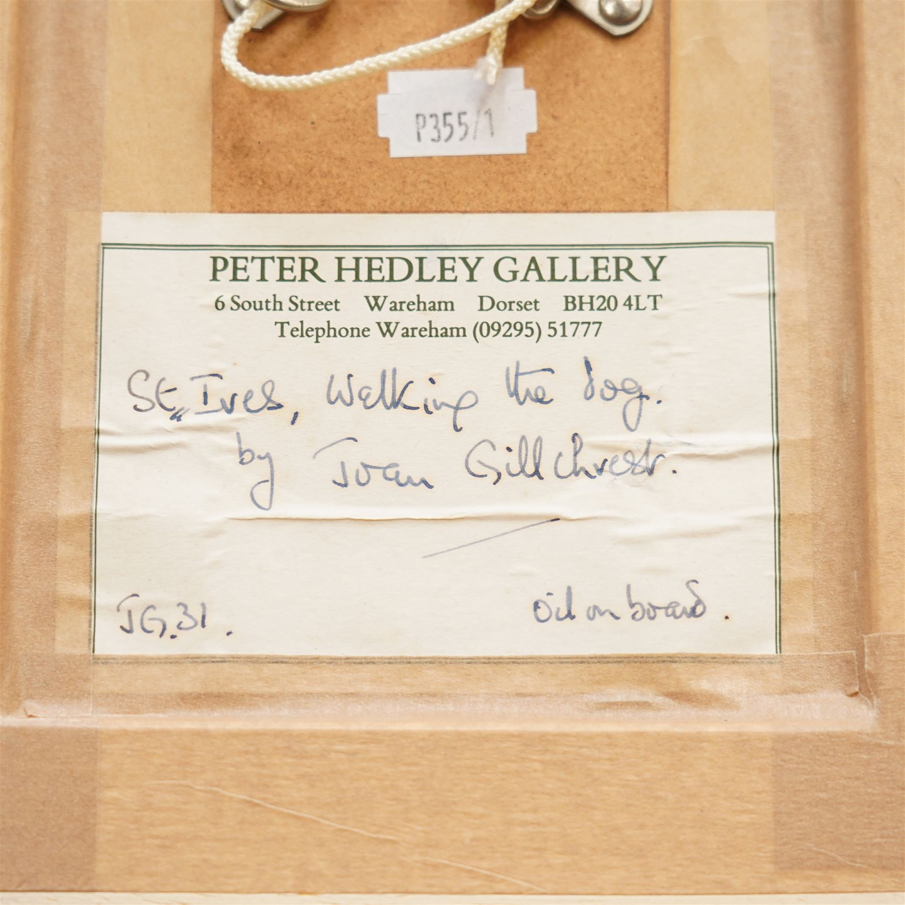 Joan Gillchrest (Cornish 1918-2008): 'St Ives - Walking the Dog', oil on board signed with initials, titled on label verso 17cm x 12cm
Provenance: Peter Hedley Gallery labels verso