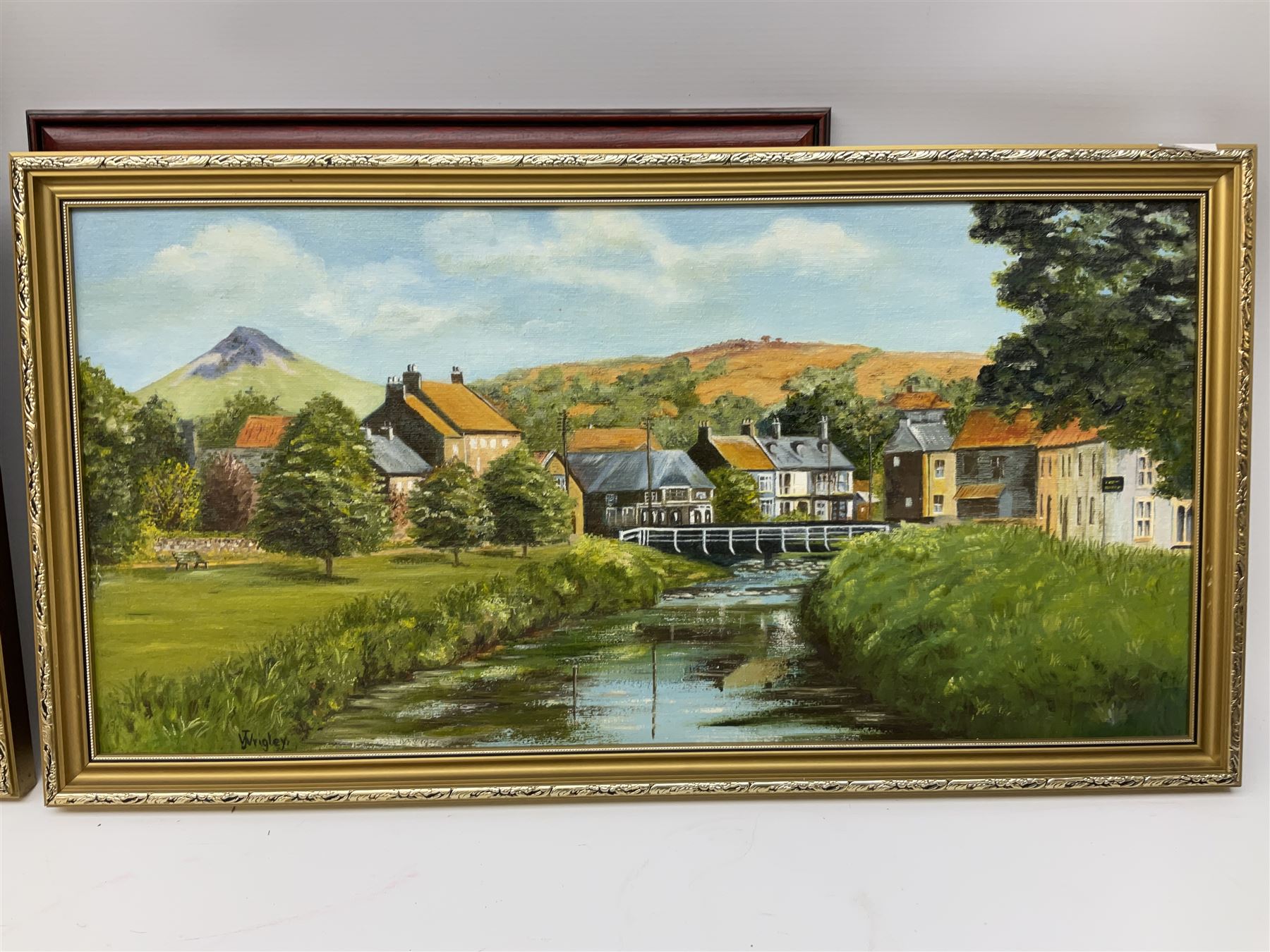 Will's Cigarette cards - Wild Flowers Second Series (framed) together with J Wrigley (British 20th century): 'Great Ayton', pair oils on board signed and two other prints max 38cm x 44cm (5)