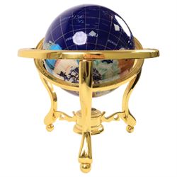 Semi precious stone set globe, blue ground, on a gimbal stand, H40cm