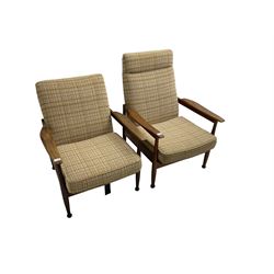 Guy Rogers - pair mid-century 'Manhattan' teak framed open armchairs, upholstered seat and back on turned supports