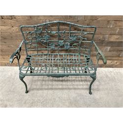 Cast aluminium garden dining set, comprising ornate circular table (D91cm, H68cm) a two seater bench, on cabriole supports (W118cm, H93cm, D55cm), and two matching armchairs (W55cm, H95cm, D54cm)
