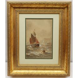 R Thomas (19th/20th century): Fishing Boat off Whitby, watercolour heightened in white signed 26cm x 17cm