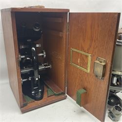 Four microscopes, including Cooke, Troughton & Simms no M467926, W Watson & Sons no 114758, W & J George & Beck Ltd no 36649 and one other 