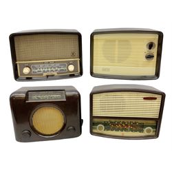 1950s Bush Type DAC 90A valve radio in brown Bakelite case, W29cm D19cm H22cm, two mid-century Ekco radios in Bakelite cases comprising Model U.195 and U.245, and further Pye Bakelite cased radio