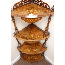  Victorian four tiered inlaid figured walnut whatnot, three finials, raised pierced back, turned supports, W60cm, H141cm, D42cm  