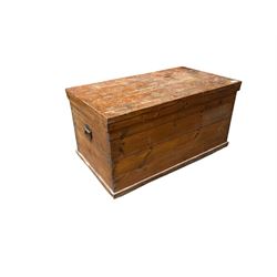 Victorian pine blanket box, hinged top, iron carrying handles