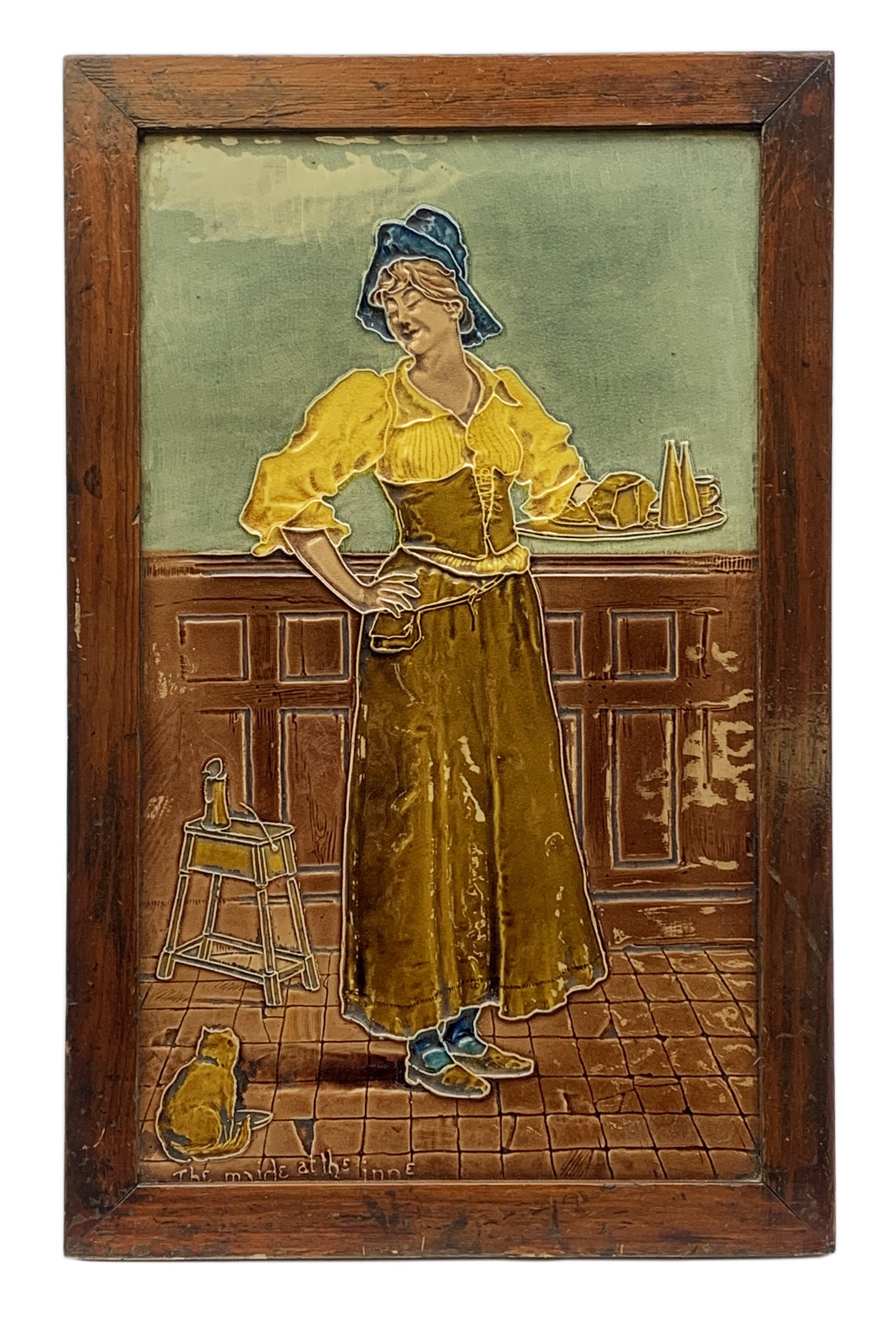 20th century large Burmantofts Faience architectural tile plaque, The Maide at The Inn, designed by William Neatby, of rectangular form depicting a female figure holding a tray, with cat seated at her feet, titled lower left corner, within mahogany frame with easel style support verso, plaque 48.5cm x 29cm

Born in 1860 in Barnsley, Yorkshire, William James Neatby worked at Burmantofts Pottery  designing ceramic tiles for six years. He then went on to work at Doulton & Co, and in 1902 designed the tiles for the interior of Harrods Meat Hall. 