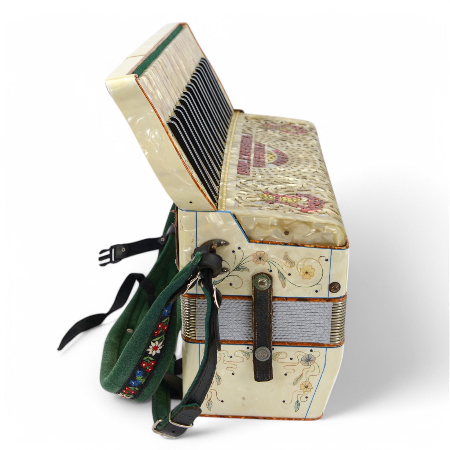 Two mid 20th century Italian accordions- manufactured by Frontalini and Cooperatiua both with a three octave keyboard compass and 120 bass buttons, with fretted sound grills and shoulder straps. 