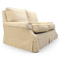 Wesley Barrel - two seater sofa and matching armchair,with scrolled arms and loose cushions, beige chenille fabric, raised on castors  (Armchair: H 100cm, D 100cm, W 87cm)
