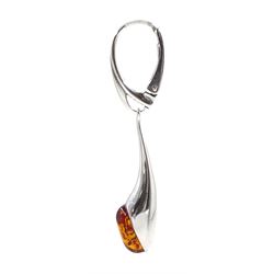 Pair of silver amber pendant earrings, stamped 925
