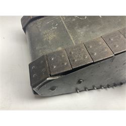 Large clockwork model of a WW1 Tank made of tin-plate and aluminium, with moving side cannons, the clockwork chain driven movement driving the articulated tin tracks; L28.5cms  W16.5cms and H13.5cms