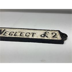 Cast Iron Railway sign,  Penalty For Neglect £2, L52cm