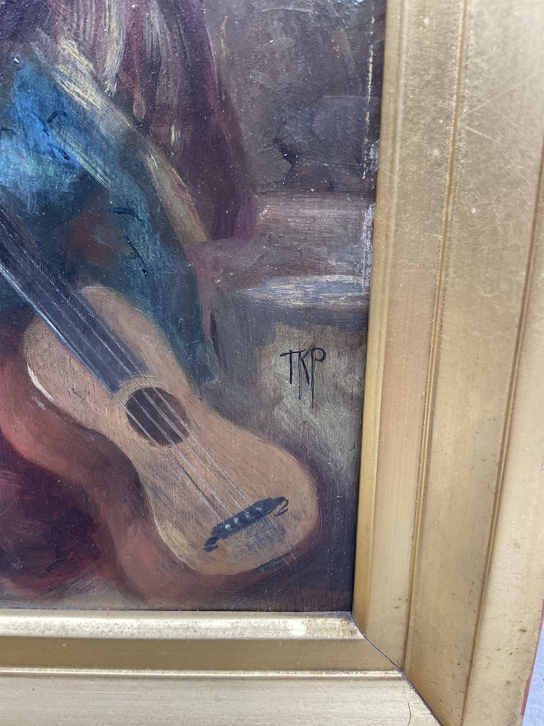 Thomas Kent Pelham (British fl.1860-1891): Young Spanish Lady with Guitar, oil on mahogany panel signed with initials, further signed and dated 1889 verso 24cm x 18cm