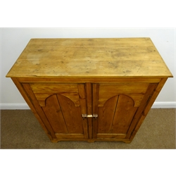  Early 20th century pitch pine cabinet, two panelled doors enclosing fitted interior, shaped apron, W99cm, H106cm, D47cm  