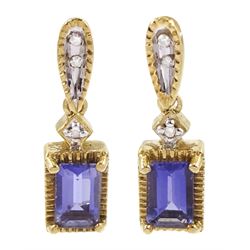 Pair of 9ct gold tanzanite and diamond pendant stud earrings, hallmarked