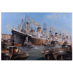 Adrian Thompson (British 1960-): The SS Gothic Docked in a Shipping Yard, oil on canvas signed 51cm x 76cm; together with another print (2) (unframed)