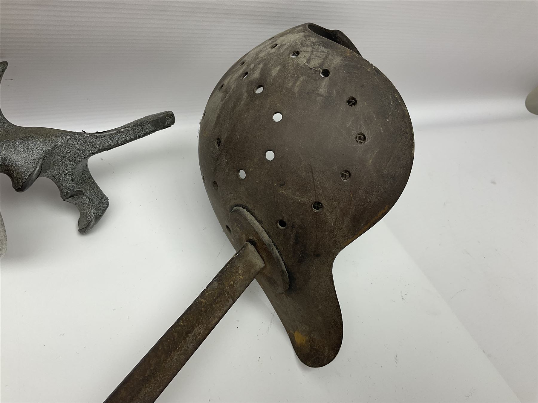 Late Victorian British Military gymnasium practice sword with 85.5cm fullered blunt pointed narrow straight blade, pierced bowl guard and chequered wooden grip L103cm overall; Leon Paul fencing foil with shaped grip and touche wiring; and two reproduction Indian tulwar swords with scabbards (4)