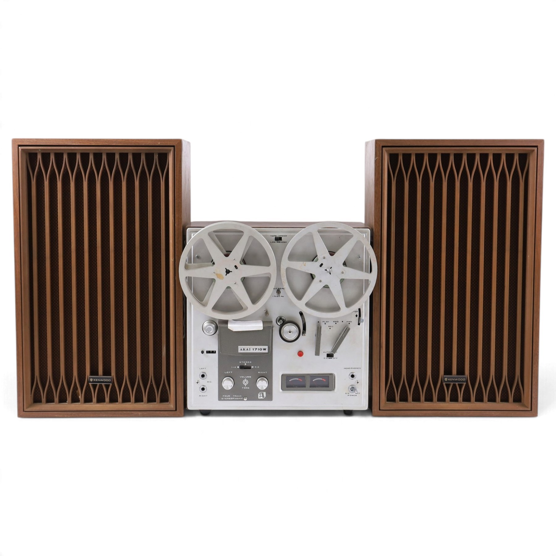 Akai 1710W reel to reel tape deck, with a pair of Kenwood KL-3030D speakers
