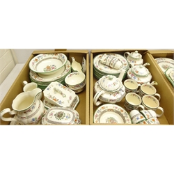  Comprehensive Copeland Spode and later matched service in the 'Chinese Rose' pattern comprising eleven dinner plates, set of four graduating meat plates and one other, two tureens, twelve side plates, seven cups and saucers, seven coffee cups and saucers, tea pot, coffee pot and other pieces   