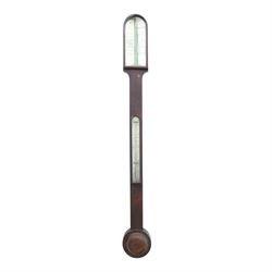 Victorian mahogany mercury stick barometer, the arched glazed register with weather indica...