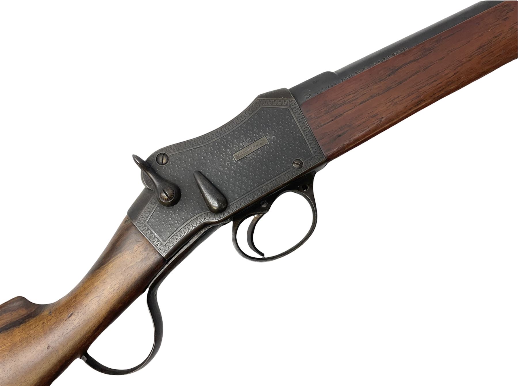 Manton .577/450 Martini Henry rifle, the 82.5cm smooth bored barrel proofed for shot, two barrel bands and bayonet fitting, engraved action with side safety, figured walnut stock with chequered steel butt plate, complete with ramrod, NVN other than 5346 on barrel, L125cm