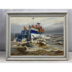 K P Butterworth (British Contemporary): 'Launch of the Bridlington Lifeboat', oil on canvas board signed, titled verso 43cm x 59cm 
