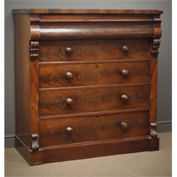  Victorian mahogany Scotch chest, frieze drawers above four long drawers, scroll carved mounts, W123cm, H129cm, D58cm  