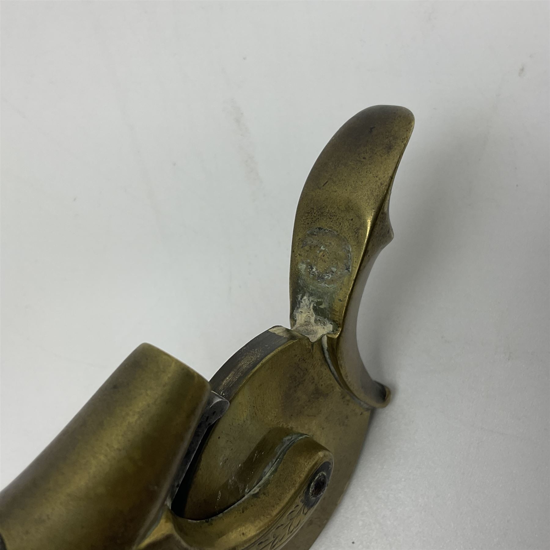 19th Century percussion eprouvette or gunpowder tester, with foliate engraved brass box lock and calibrated ratcheted wheel, steel trigger guard and walnut bag butt, L14cm