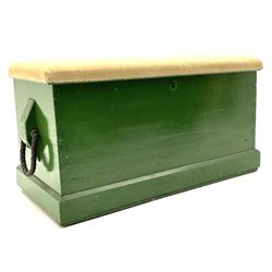 Victorian pine blanket box, cushion upholstered top, roped handles, plinth base 