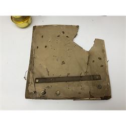 Pair of turned wooden goblets, six hardstone eggs, vintage slide rule and a leather letter rack, etc