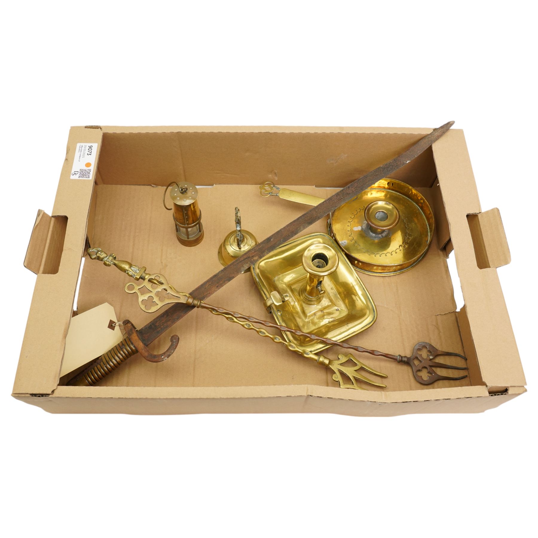French chassepot bayonet no. T73929, two 19th century brass chamber candlesticks, brass bell and fire irons; and miniature miners lamp marked 'March W.A.H 1976'