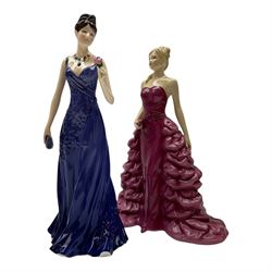 Two Royal Doulton figures, Victoria HN2471 and Wistful HN2396, together with three Royal Worcester figures Sappier, Amber and Claudia 