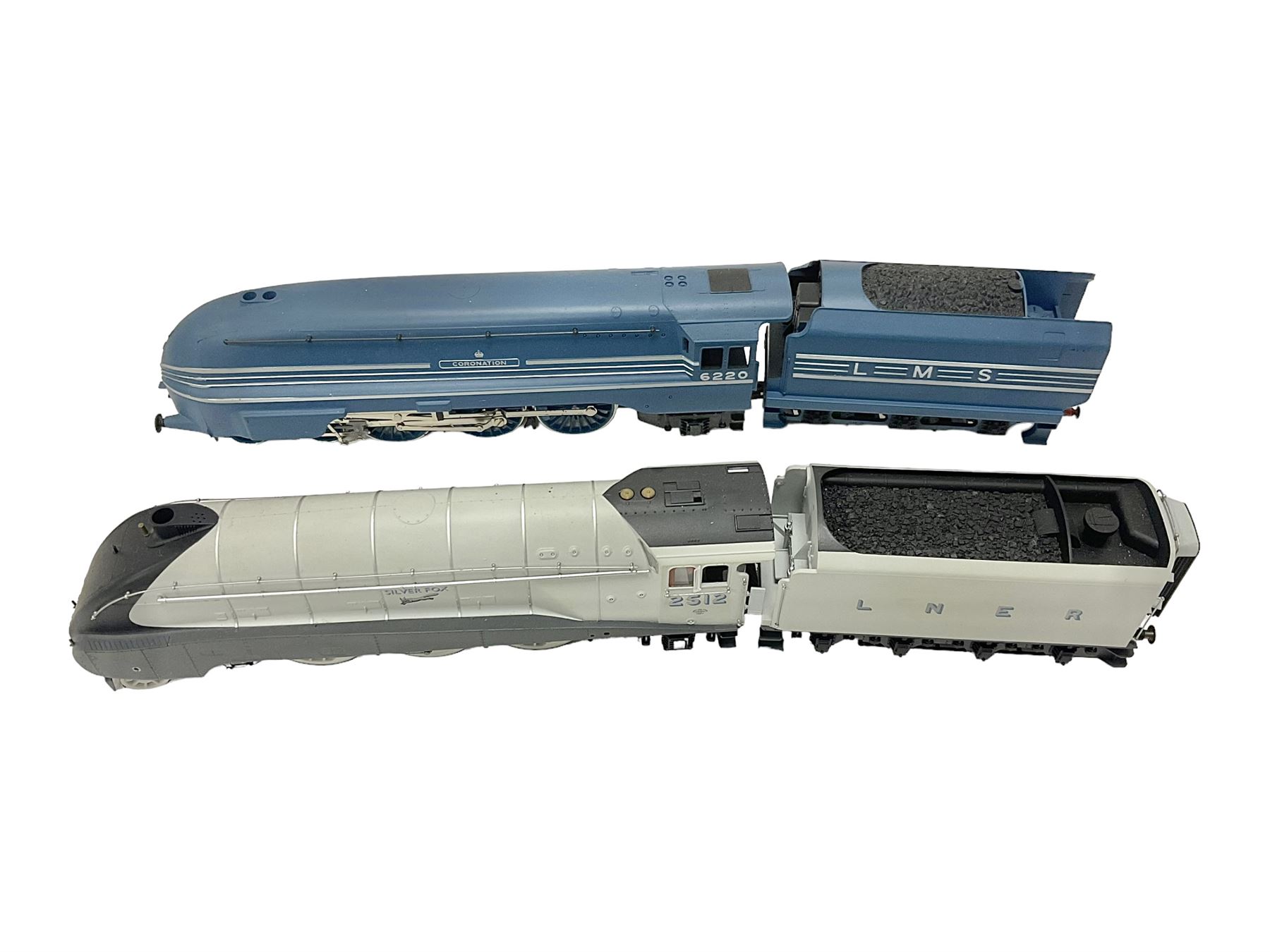 Hornby ‘00’ gauge - Class A4 4-6-2 locomotive ‘Silver Fox’ no.2512 in LNER silver; Princess Coronation Class 4-6-2 locomotive ‘Coronation’ no.6220 in LMS blue; both unboxed (2)