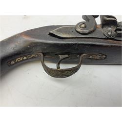 REGISTERED FIREARMS DEALERS ONLY - Reproduction flintlock pistol, the full walnut stock with brass filigree inlay and mounts and skull crusher butt L46cm; no visible proof marks - Disposed 25.06.25 - Notified 24.07.25