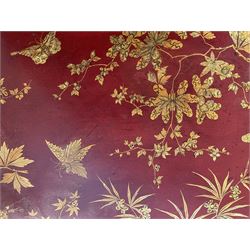 Early 19th century red lacquered papier-mâché tray by Clay of King Street Covent Garden, of rounded rectangular form, painted in gilt with large foliate sprays and butterflies, impressed verso CLAY KING ST COVENT GARDEN, W66.5cm D48.5cm