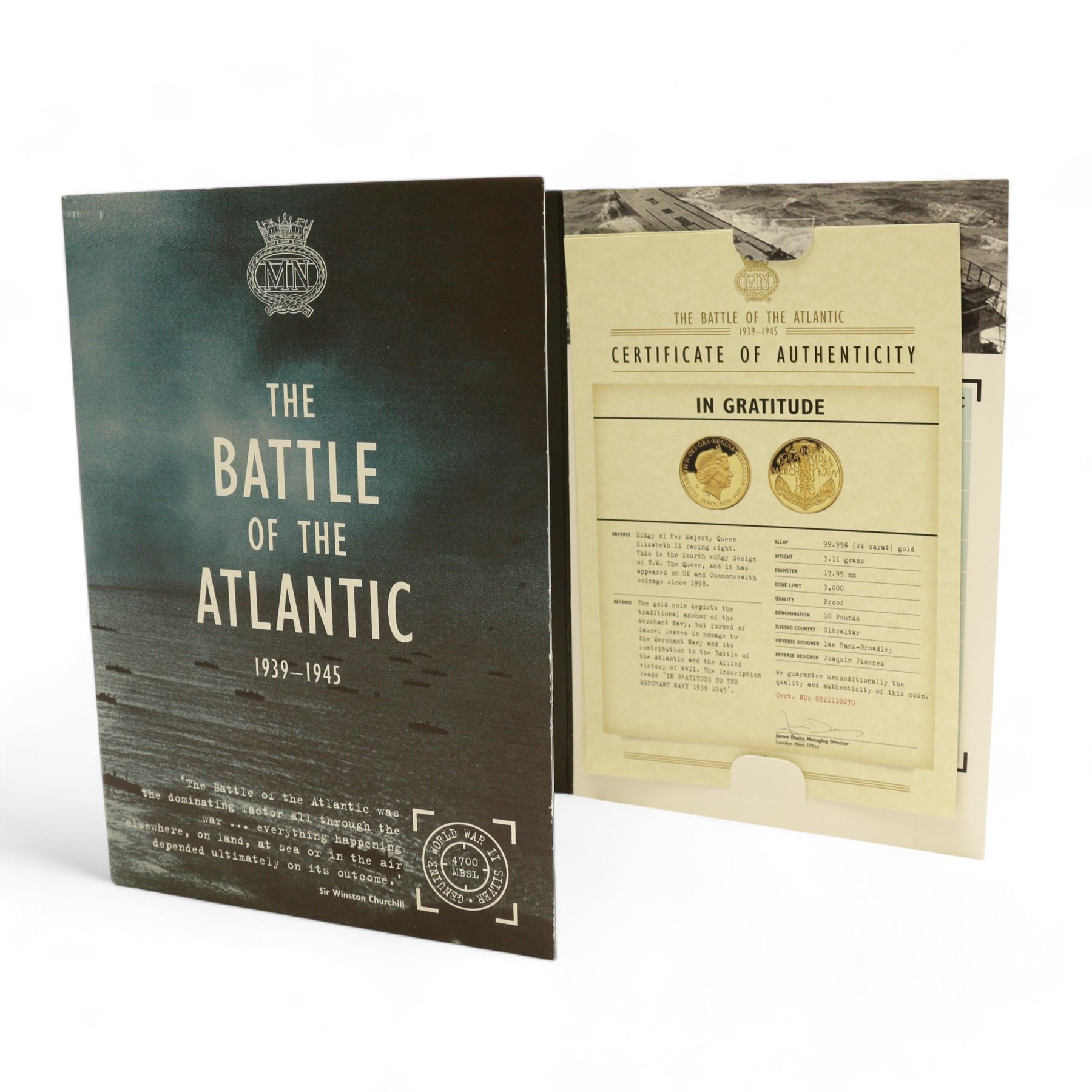 Merchant Navy 'The Battle Of The Atlantic 1939-1945', part coin set including Queen Elizabeth II Gibraltar 2016 24 carat gold 3.11 grams ten pound coin etc, in card folder