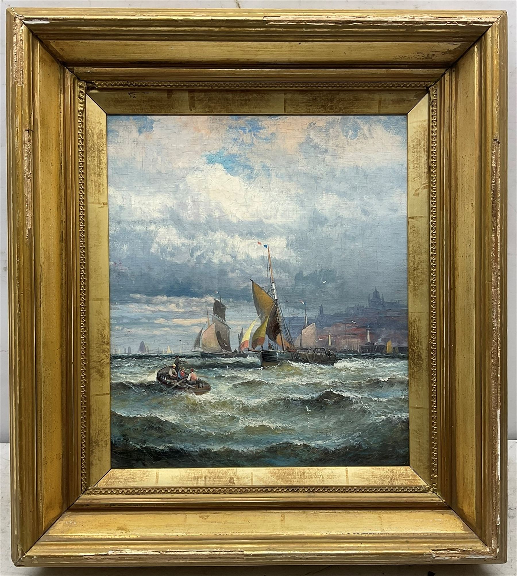 William Anslow Thornley (British fl.1858-1898): Fishing Boats leaving Whitby Harbour, oil on canvas laid on board signed 34cm x 29cm