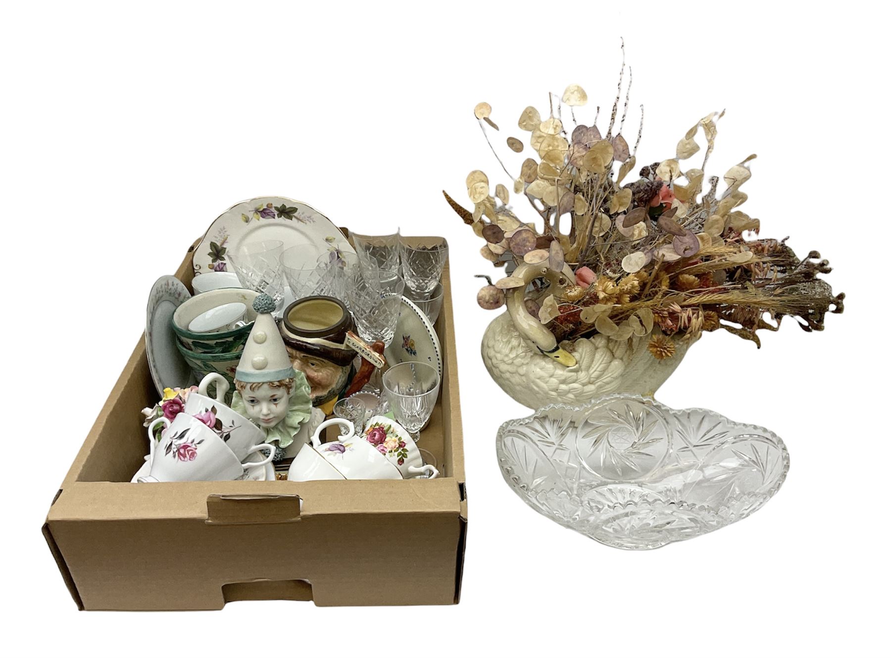 Large Swan pottery vase with a bouquet of dry flowers together with  oblong crystal bowl, Stuart crystal vase, Poole pottery cups and plate etc