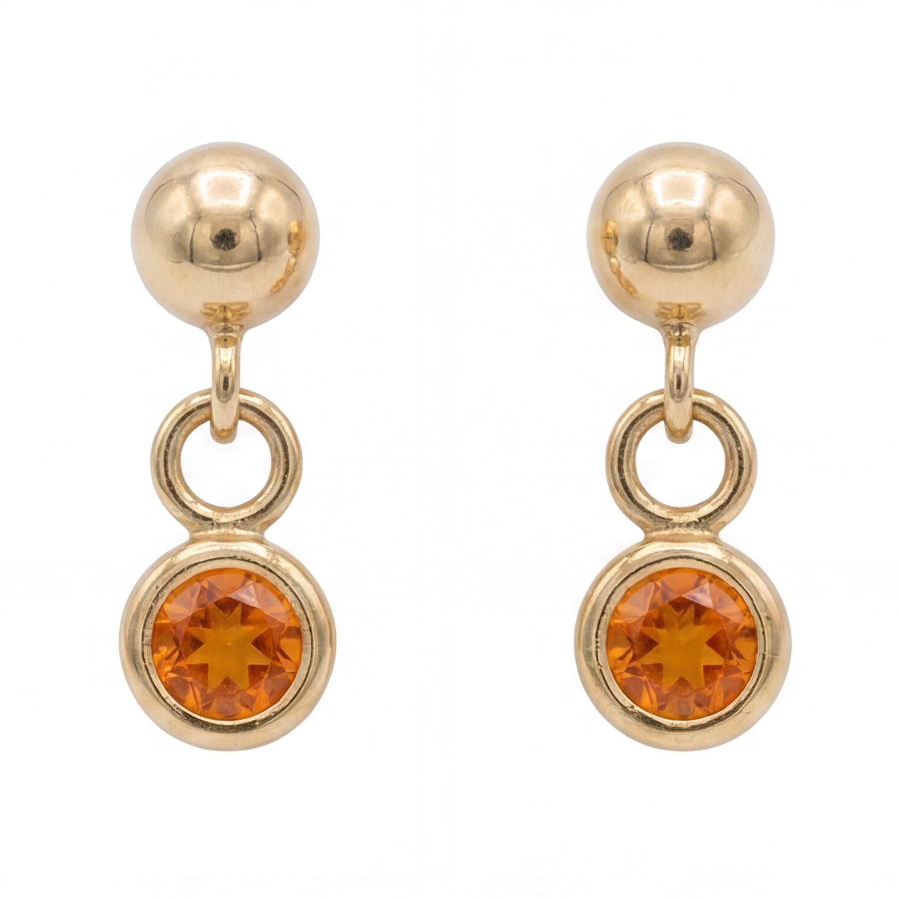 Pair of 9ct gold fire opal pendant earrings, each stud set with a single round cut opal, stamped 375