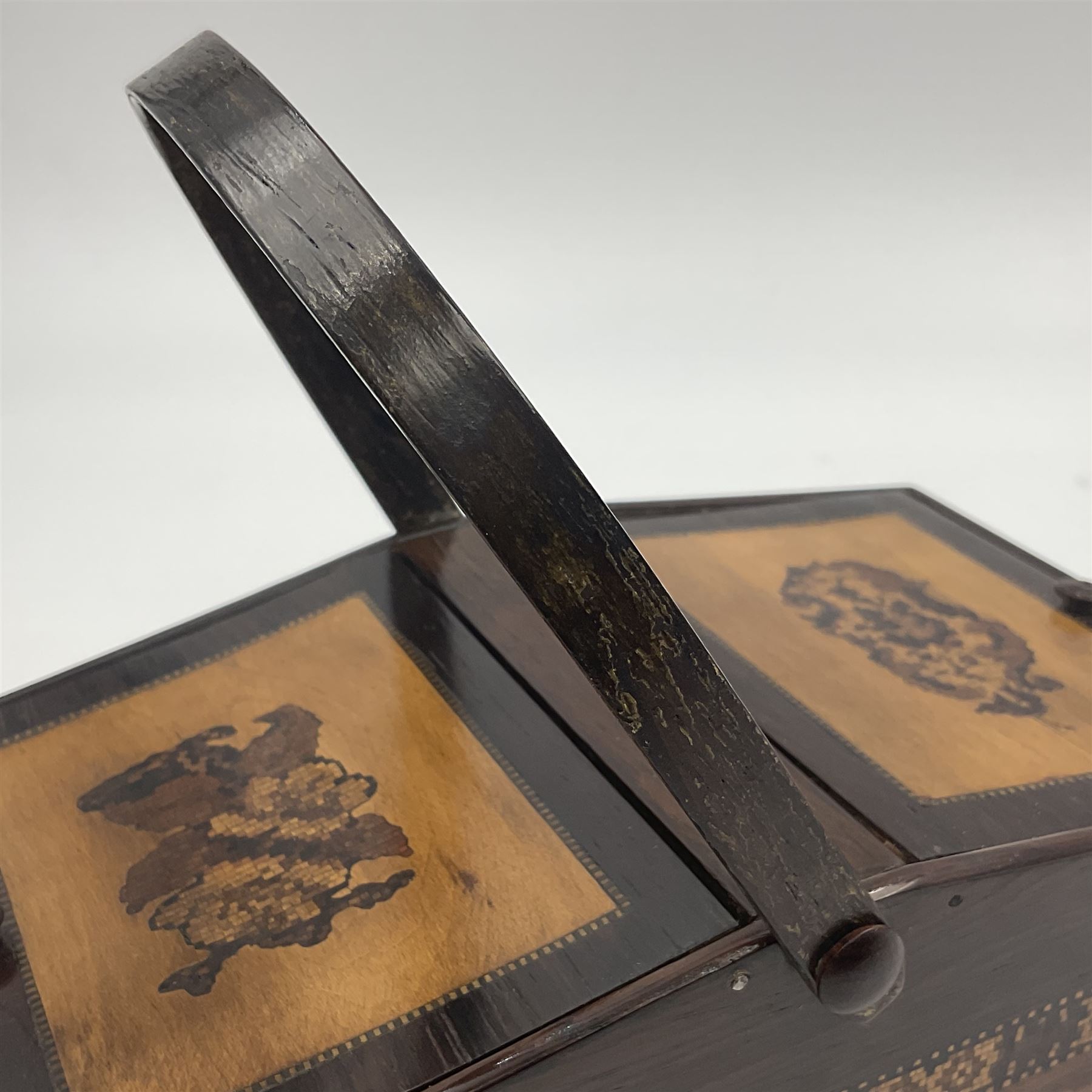 19th century rosewood Tunbridge Ware basket, of rectangular form with curved bentwood handle, and twin hinged sloping covers, lifting to reveal paper lined interiors, not including handle H5.5cm D10.5cm L18cm