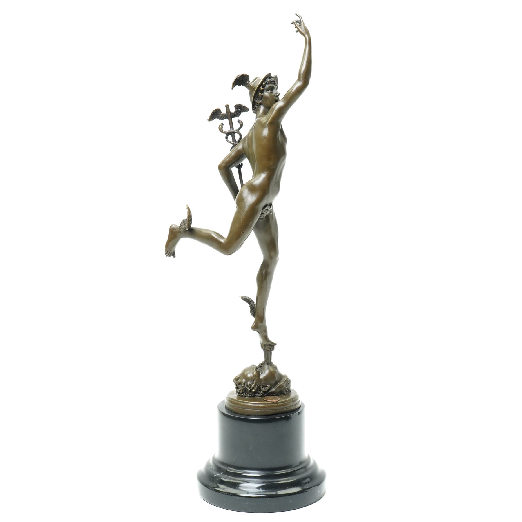 After Giambologna (Italian 1529-1608) Bronze figure of Mercury holding the caduceus on a stepped circular base with signature and foundry mark H43cm