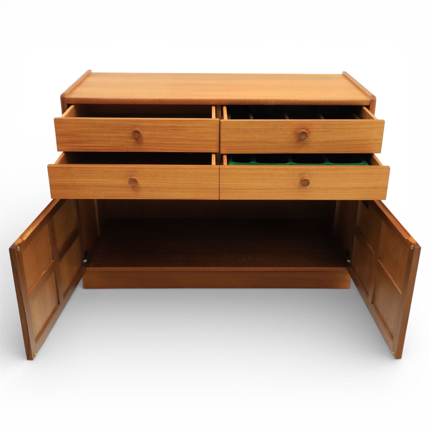 Nathan - 'Squares' pair of sideboards, rectangular top over four short drawers, above signature square panelled cabinet doors on a recessed plinth base