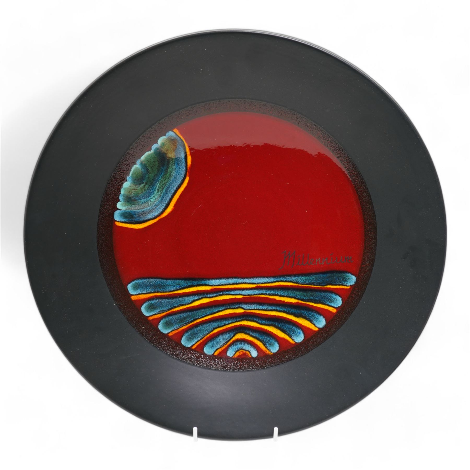 Poole Pottery Saturn Charger from the Alan Clarke 'The Planets' series, no. 1314/2000, D41cm, together with a Poole Pottery Millennium charger, no. 1035, and vase no. 1314, H34cm (3)