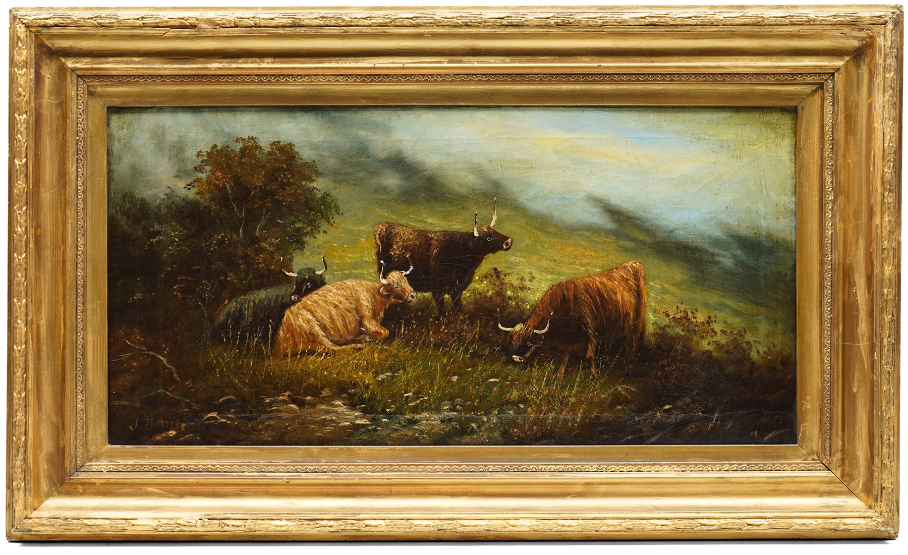 English School (Early 20th century): Naive Highland Cattle, oil on canvas indistinctly signed J Burn* 29.5cm x 60cm