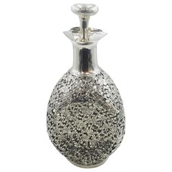 20th century Chinese silver overlaid dimple decanter and stopper, with pierced and chased prunus blossom decoration, stamped Sterling Silver Made in Hong Kong beneath, H25.5cm