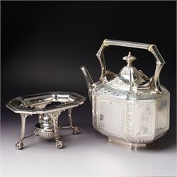 Victorian silver tea and coffee set engraved with classical urns, oval paterae and scrolling foliage, monogram and 'Diligentia et Honore' comprising teapot, tea kettle on spirit heater stand, coffee pot, two handled sugar bowl and cream jug Sheffield 1891 Maker John Round & Son Ltd